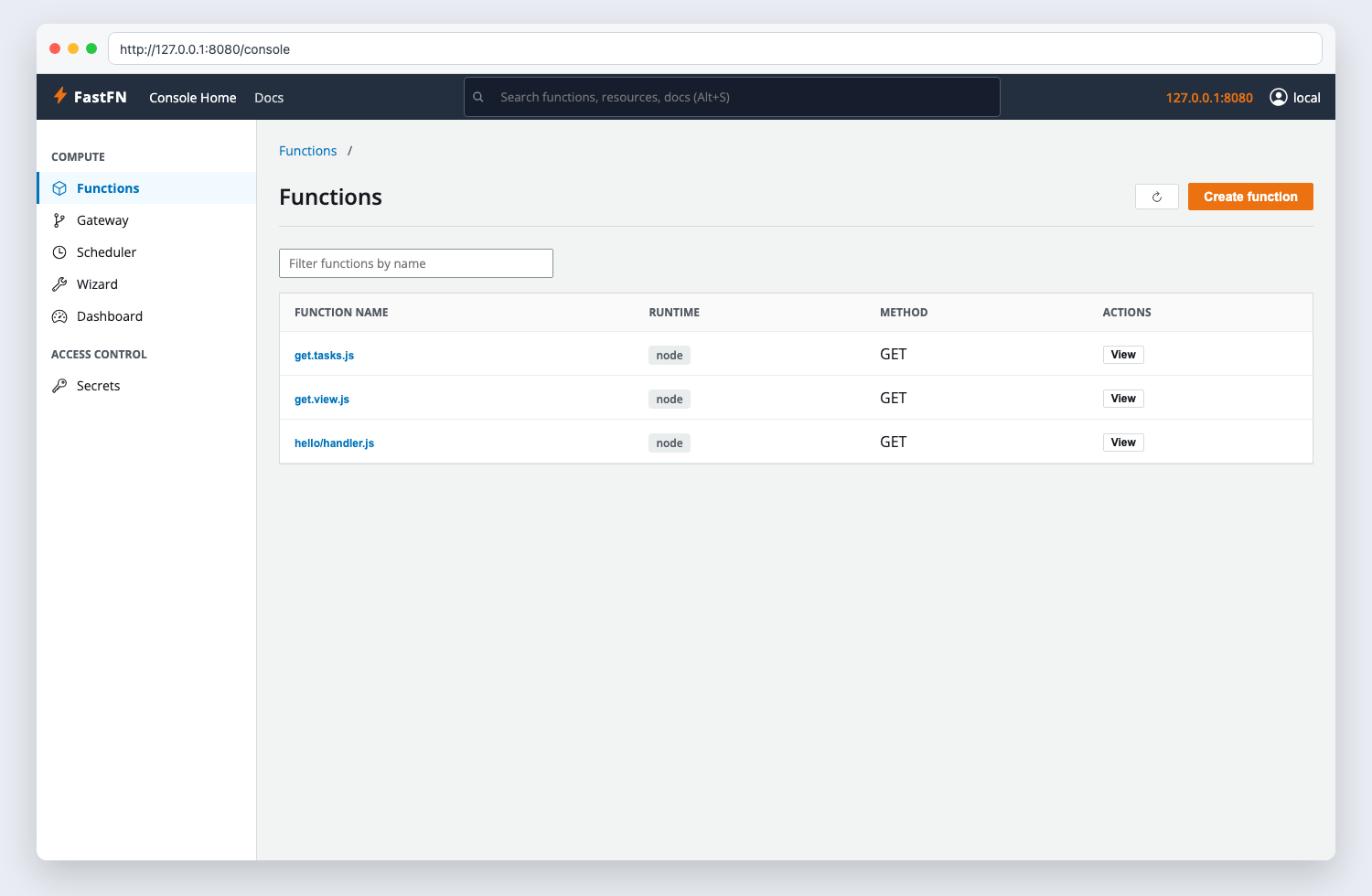 FastFN Admin Console dashboard view