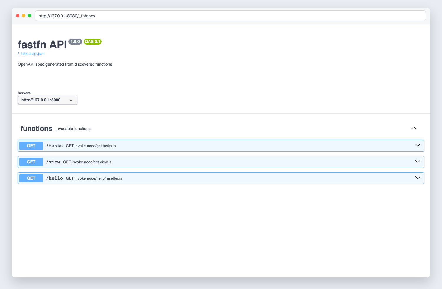 Swagger UI showing FastFN routes